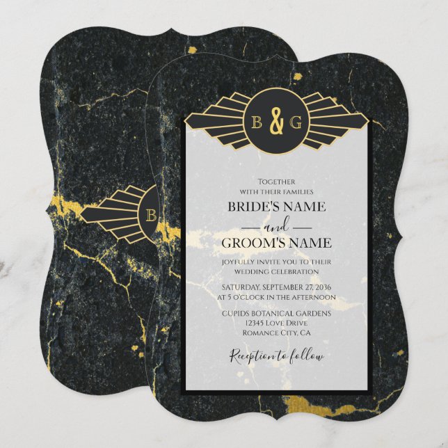 Convites Casamento com Deco de Arte Marble Dourada Preta (Frente/Verso)