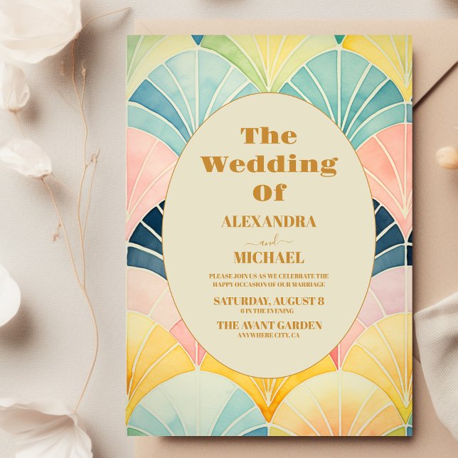 Convites Casamento com Deco de Arte Verde e Dourada (Criador carregado)