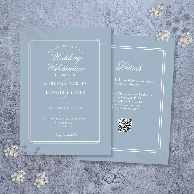 Convites Casamento com Deco de Código QR Azul Elegante (Elegant Dusty Blue QR Code Art Deco Wedding Invitation)