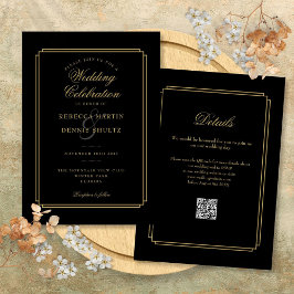 Convites Casamento com Deco de Código QR de Script Preto e 