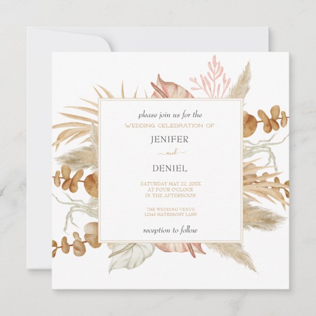 Convites Casamento com Decoração de Flor de Palma e Pampas  (Frente)