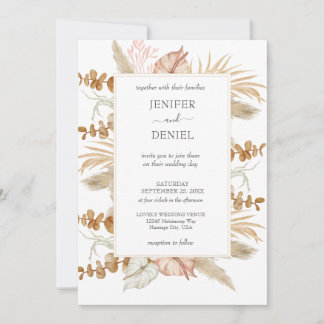 Convites Casamento com Decoração de Flor de Palma e Pampas