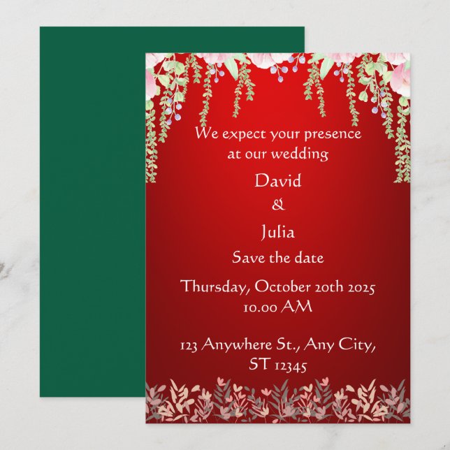 Convites Casamento com Design de Arte Floral Vermelha Elega (Frente/Verso)