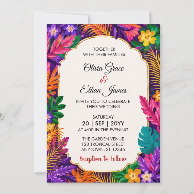 Convites Casamento com Design Floral de Folhas Tropicais (Frente)