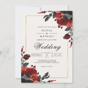 Convites Casamento com Destaque Floral Vermelho Profundo