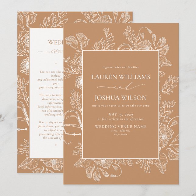 Convites Casamento com Detalhes em Arte Linear Floral de Te (Frente/Verso)