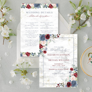 Convites Casamento com Detalhes Florais em Azul, Borgonha e