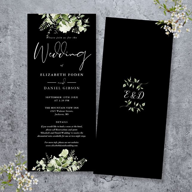 Convites Casamento com detalhes florais verdes e preto e br (Greenery Floral Black And White Details Wedding Invitation)