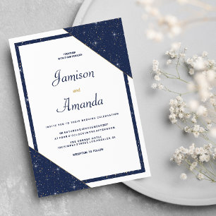 Convites Casamento com dourado branco azul-marinho geométri