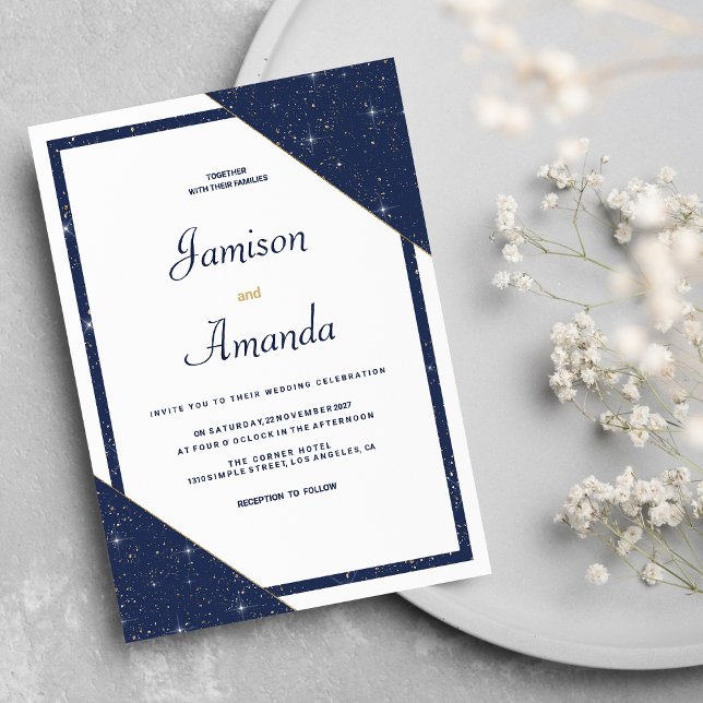 Convites Casamento com dourado branco azul-marinho geométri (Geometric navy blue white gold glitter Wedding)