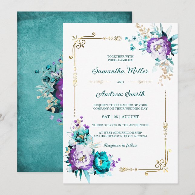 Convites Casamento com Dourado Edível Azul Turquesa e Roxo (Frente/Verso)