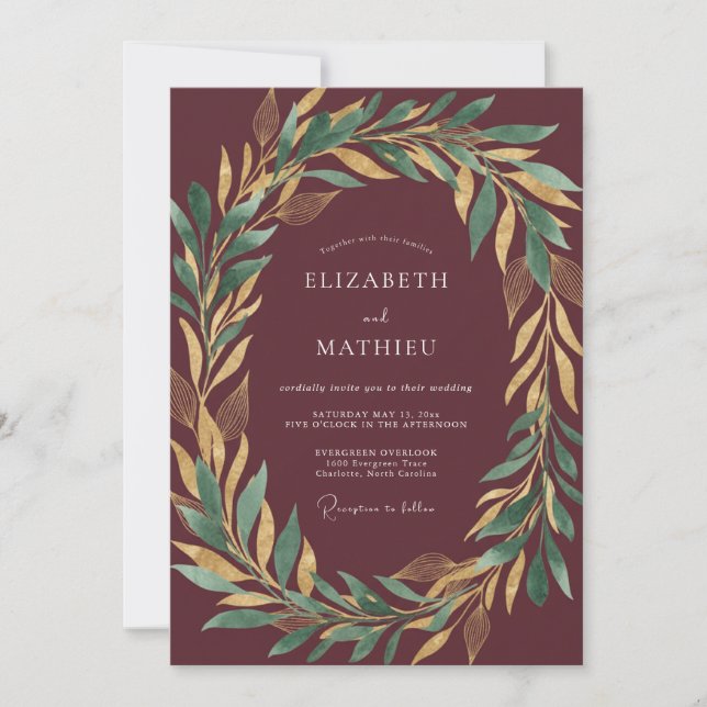 Convites Casamento com Dourado, Louro e Eucalipto Marrom (Frente)
