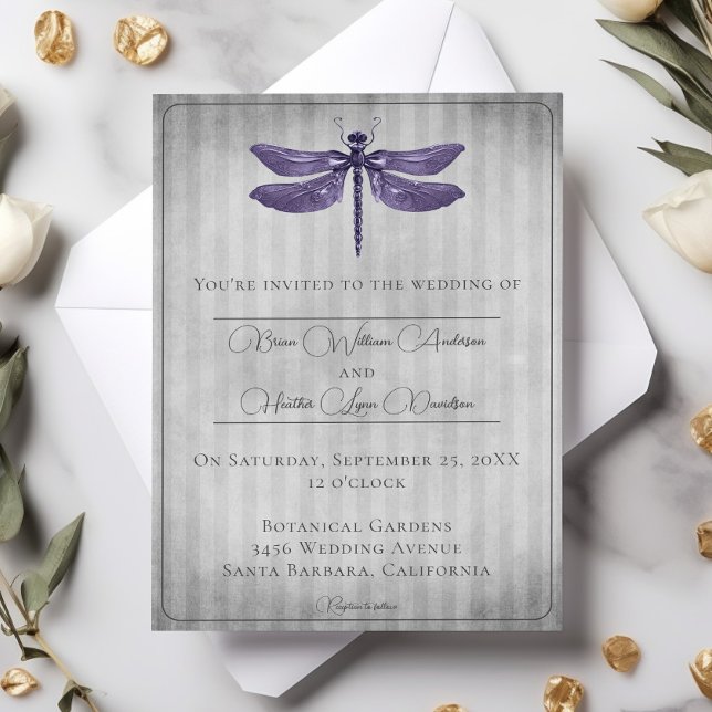 Convites Casamento com Dragonfly Roxo (Purple Jeweled Dragonfly Wedding Invitation)
