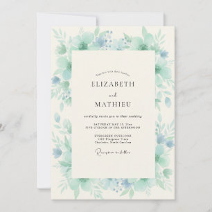Convites Casamento com Efeito de Aquarela em Azul- Verde Né