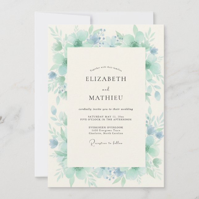 Convites Casamento com Efeito de Aquarela em Azul- Verde Né (Frente)
