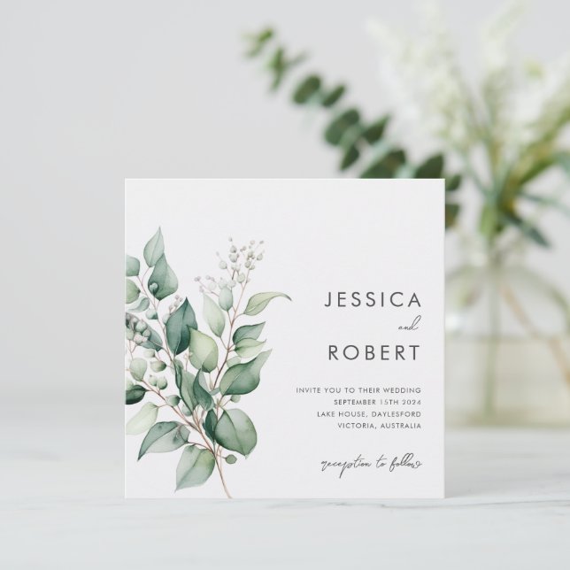 Convites Casamento com Elegante Minimalismo de Eucalipto Ve (Em pé/Frente)