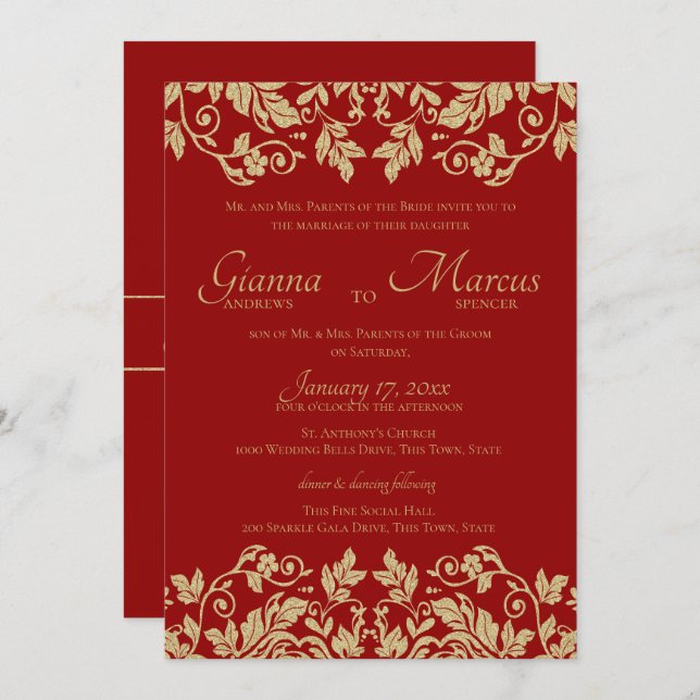 Convites Casamento com Emblem de Damasco Vermelho e Dourado (Frente/Verso)