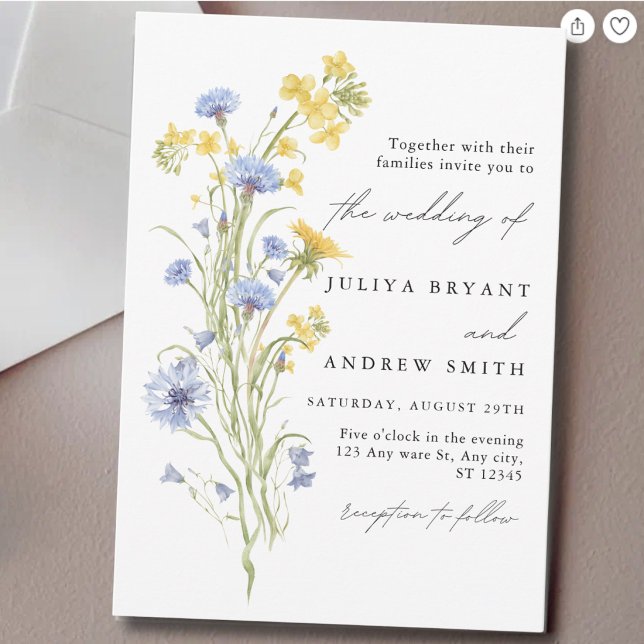 Convites Casamento com escrita floral azul e amarelo  (Criador carregado)