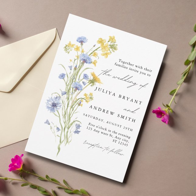 Convites Casamento com escrita floral azul e amarelo  (Criador carregado)