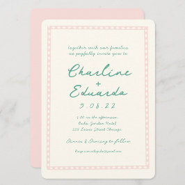Convites Casamento com Escrita Manual Retro Rosa e Verde
