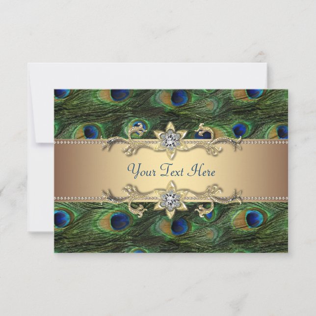 Convites Casamento com Esmeralda Verde Dourado Real Pavão I (Frente)
