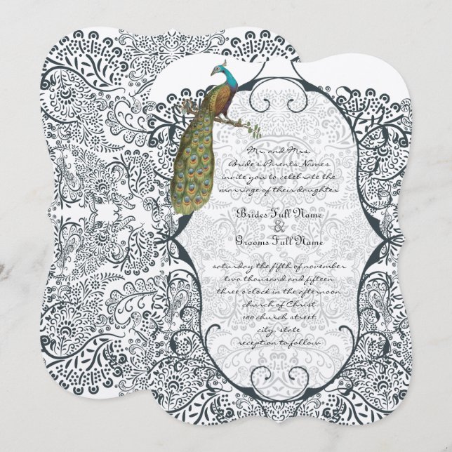 Convites Casamento com Estampa de Pássaro de Amor Pavão Cap (Frente/Verso)