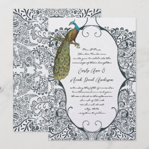 Convites Casamento com Estampa de Pavão Caprichoso em Azul