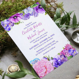 Convites Casamento com Estampa Paisley em Rosa Roxo e Aquar