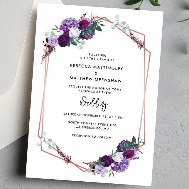 Convites Casamento com Estilo Botânico Roxo Floral (Purple Floral Geometric Script Wedding Invitation)