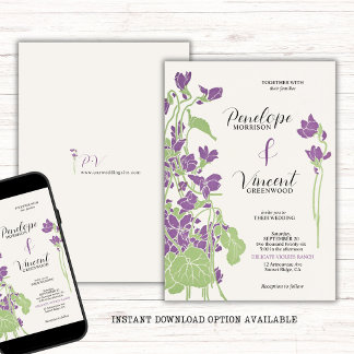 Convites Casamento com Estilo de Letterpress Violet Flowers
