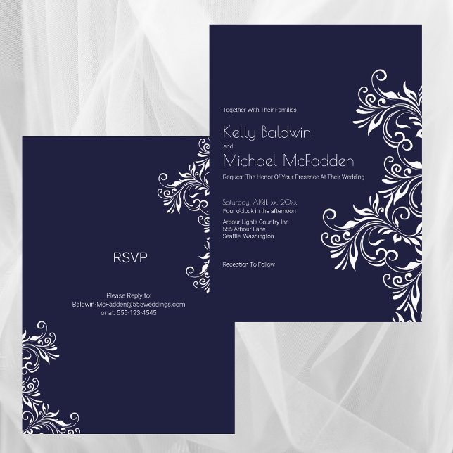 Convites Casamento com Estilo Elegante Azul Marinho e Branc (Navy and White Elegant Style Wedding Invitation)