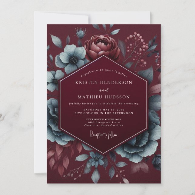 Convites Casamento com Estilo Floral Borgonha (Frente)