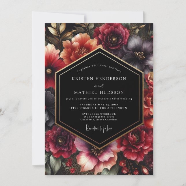 Convites Casamento com Estilo Floral Borgonha (Frente)
