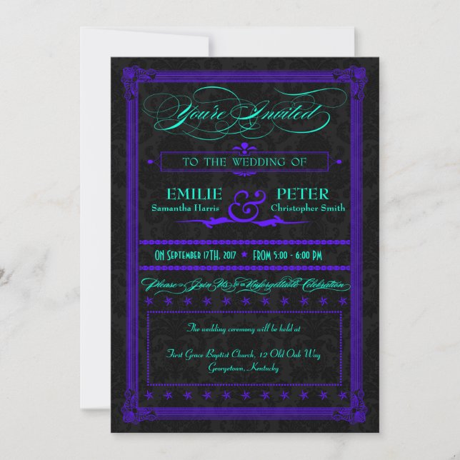 Convites Casamento com Estilo Poster Roxo e Teal Elétrico (Frente)