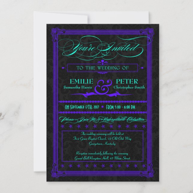 Convites Casamento com Estilo Poster Roxo e Teal Elétrico (Frente)