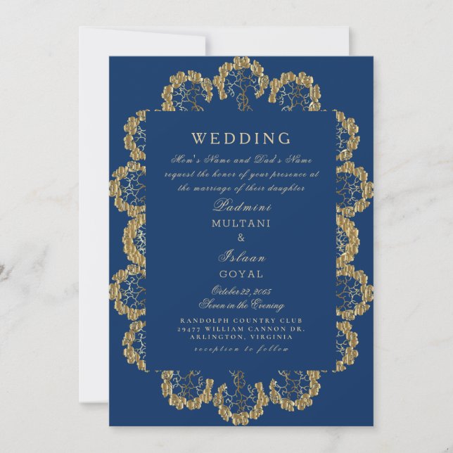 Convites Casamento com Estilo Regal Azul e Dourado da Índia (Frente)