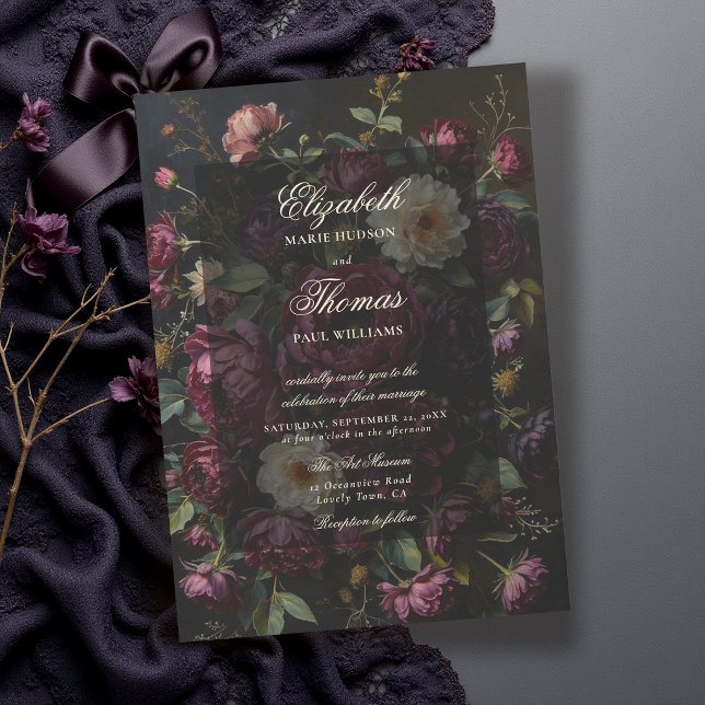 Convites Casamento com Estilo Romântico Obscuro Floral Borg (moody dark wedding invitation romantic gothic romance black painterly elegant modern)