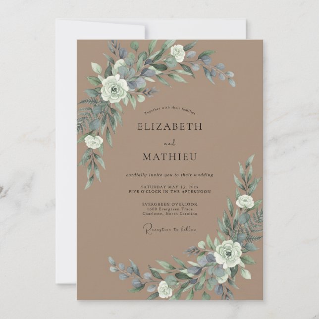 Convites Casamento com Eucalipto Ardósia Bege (Frente)