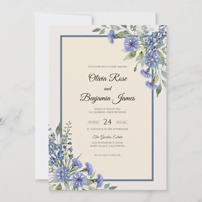 Convites Casamento com Eucalipto Cornflower Azul (Frente)