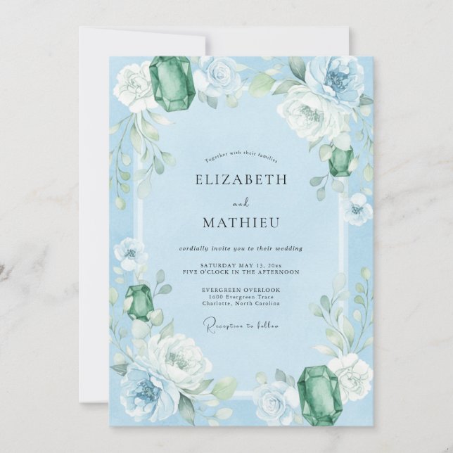 Convites Casamento com Eucalipto e Pedra Preciosa Esmeralda (Frente)
