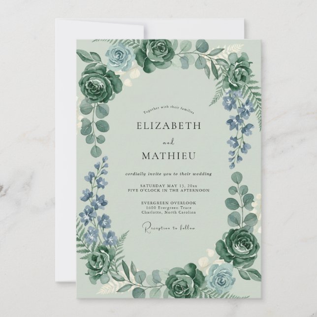 Convites Casamento com Eucalipto e Periwinkle Celadon (Frente)