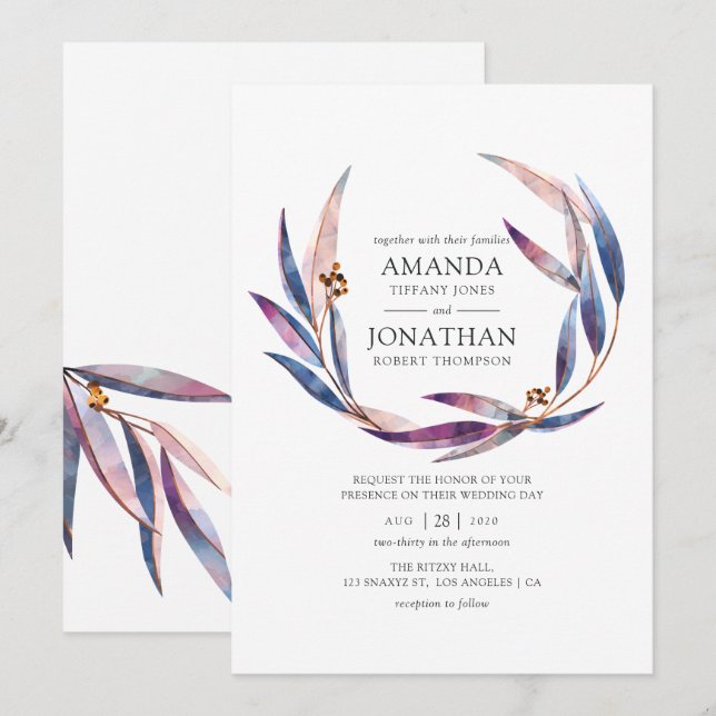 Convites Casamento com Eucalipto em Aquarela (Frente/Verso)