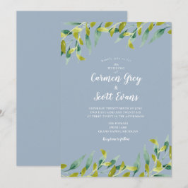 Convites Casamento com Eucalipto em Aquarela Azul Desbotado