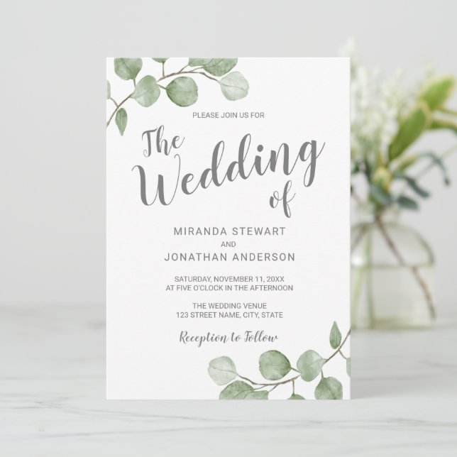 Convites Casamento com Eucalipto em Aquarela Verde (Em pé/Frente)