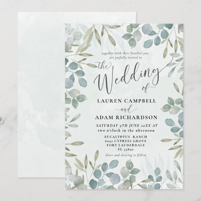 Convites Casamento com Eucalipto em Aquarela Verde Sálvia R (Frente/Verso)