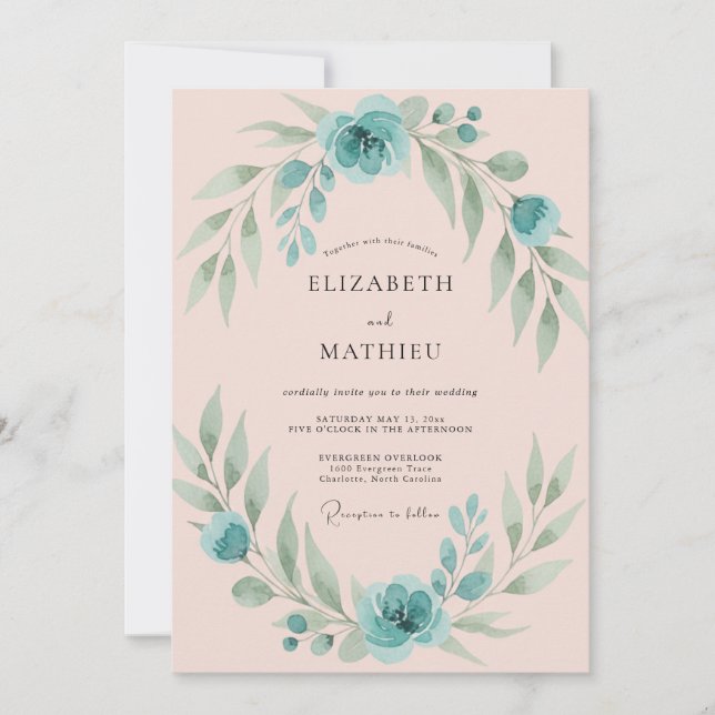 Convites Casamento com Eucalipto em Folhagem Aqua Blush (Frente)