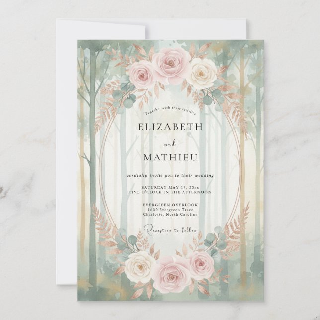 Convites Casamento com Eucalipto Floresta Menta Blush (Frente)