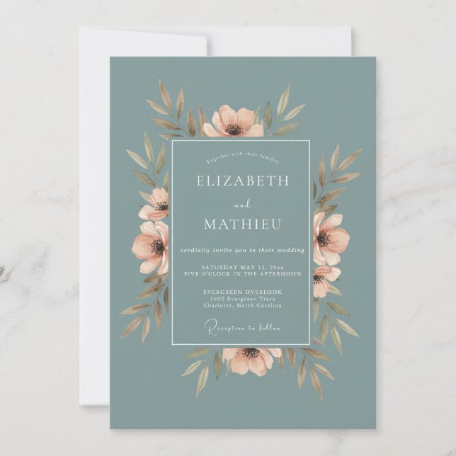 Convites Casamento com Eucalipto Folhagem Aço Pêssego (Frente)