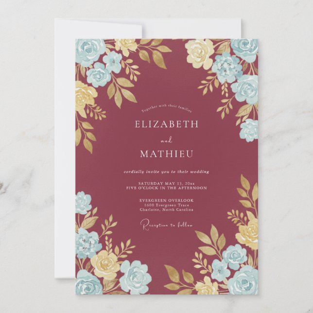 Convites Casamento com Eucalipto Folhagem Champanhe Bege (Frente)
