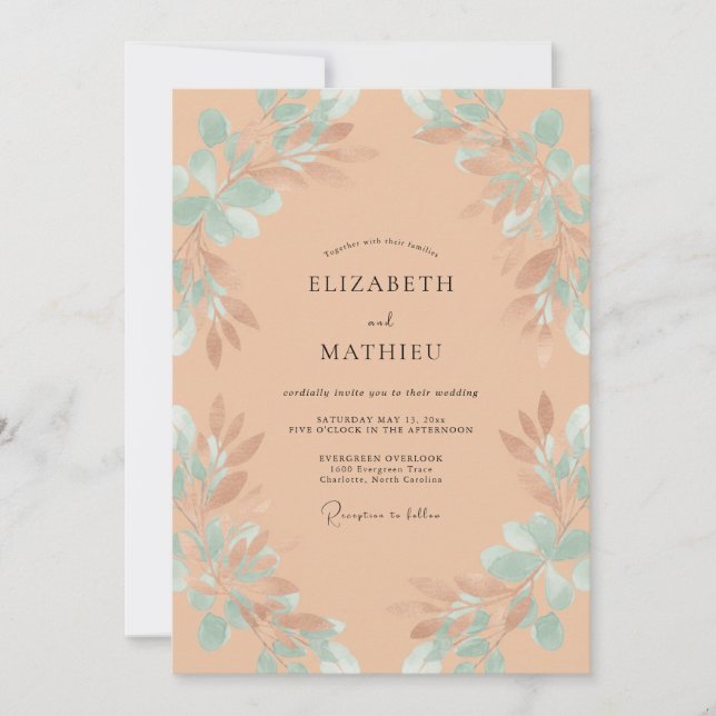Convites Casamento com Eucalipto Folhagem Damasco Espuma do (Frente)